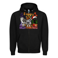 Black Happy Hallothanksmas Cats Zipper Hoodie - BundleAndBundleShop