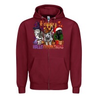 Burgundy Happy Hallothanksmas Cats Zipper Hoodie - BundleAndBundleShop