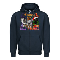 Navy Happy Hallothanksmas Cats Zipper Hoodie - BundleAndBundleShop