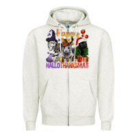 Oatmeal Heather Happy Hallothanksmas Cats Zipper Hoodie - BundleAndBundleShop
