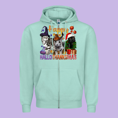 Happy Hallothanksmas Cats Zipper Hoodie Designed By Bundleandbundleshop