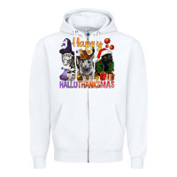 White Happy Hallothanksmas Cats Zipper Hoodie - BundleAndBundleShop