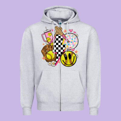 Retro Softball Zipper Hoodie Designed By Jahusdesignshop