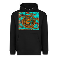 Black cowboy hat turquoise aztec background old wheel Heavyweight Hoodie - Artiststas