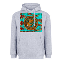 Heather Grey cowboy hat turquoise aztec background old wheel Heavyweight Hoodie - Artiststas