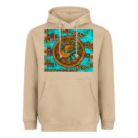 Mushroom cowboy hat turquoise aztec background old wheel Heavyweight Hoodie - Artiststas