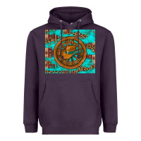 Plum cowboy hat turquoise aztec background old wheel Heavyweight Hoodie - Artiststas