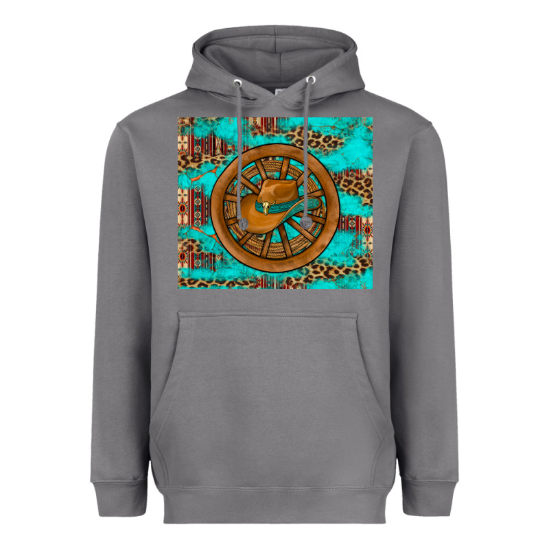 Cowboy Hat Turquoise Aztec Background Old Wheel Heavyweight Hoodie by Artiststas | Teevron