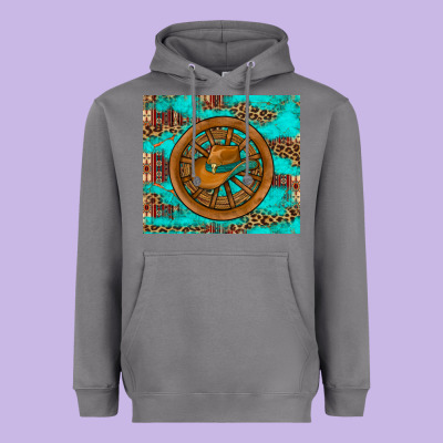 Cowboy Hat Turquoise Aztec Background Old Wheel Heavyweight Hoodie Designed By Artiststas