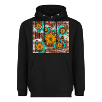 Black sunflowers and western old wheel aztec cowhide background Heavyweight Hoodie - Artiststas