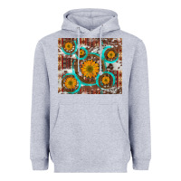 Heather Grey sunflowers and western old wheel aztec cowhide background Heavyweight Hoodie - Artiststas