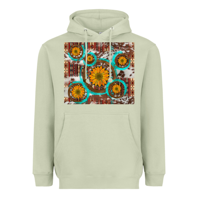 Sunflowers And Western Old Wheel Aztec Cowhide Background Heavyweight Hoodie by Artiststas | Teevron