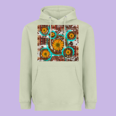Sunflowers And Western Old Wheel Aztec Cowhide Background Heavyweight Hoodie Designed By Artiststas