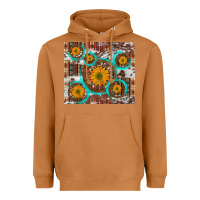 Meerkat sunflowers and western old wheel aztec cowhide background Heavyweight Hoodie - Artiststas