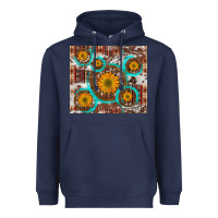 Navy sunflowers and western old wheel aztec cowhide background Heavyweight Hoodie - Artiststas