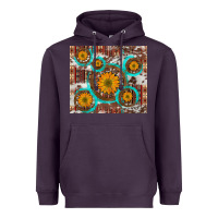 Plum sunflowers and western old wheel aztec cowhide background Heavyweight Hoodie - Artiststas