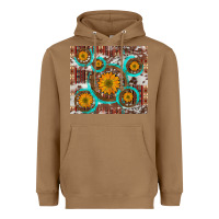 Toasted Coconut sunflowers and western old wheel aztec cowhide background Heavyweight Hoodie - Artiststas