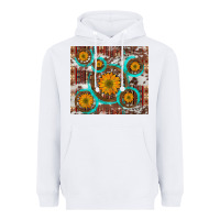 White sunflowers and western old wheel aztec cowhide background Heavyweight Hoodie - Artiststas