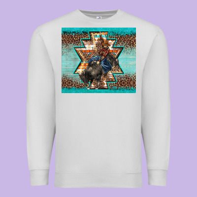 Western Rodeo Bullfighter Aztec Leopard Turquoise Premium Sweatshirt Designed By Barkaloodesign
