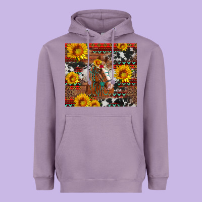 Western Horse With Sunflowers And Aztec Leopard Cowhide Heavyweight Hoodie Designed By Artiststas