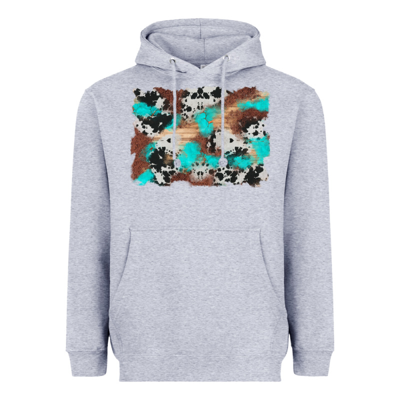 Western Cowhide Turquoise And Wood Background Heavyweight Hoodie by Artiststas | Teevron