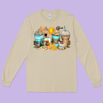 Chicken Coffee Cups Long Sleeve Tee Designed By Zillion Design Studio