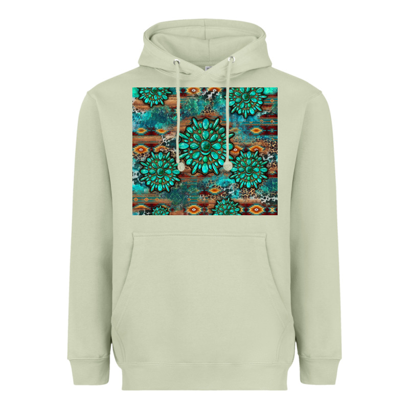 Gemstone Turquoises Aztec Leopard Cowhide Heavyweight Hoodie by Artiststas | Teevron