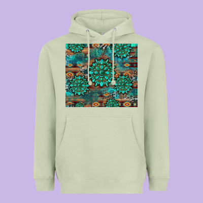 Gemstone Turquoises Aztec Leopard Cowhide Heavyweight Hoodie Designed By Artiststas