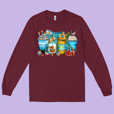 Hanukkah Coffee Cups Long Sleeve Tee Designed By Zillion Design Studio