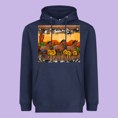 Western Horses And  Sunset With Sunflowers Heavyweight Hoodie Designed By Artiststas
