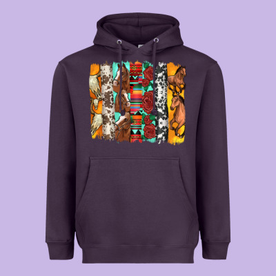 Western Horses Roses And Bullskulls Wıth Cowhide Amd Serape Brushstro Heavyweight Hoodie Designed By Artiststas