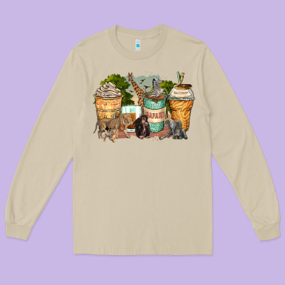 Safari Animals Coffee Cups Long Sleeve Tee Designed By Zillion Design Studio