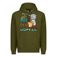 Army Green coffee cups but first coffee Premium Hoodie - NancyCooperArtShop
