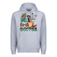 Heather Grey coffee cups but first coffee Premium Hoodie - NancyCooperArtShop