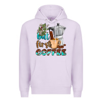 Lilac coffee cups but first coffee Premium Hoodie - NancyCooperArtShop