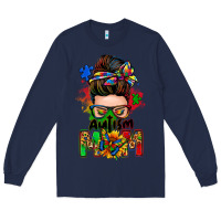 Navy autism mom messy bun Long Sleeve Tee - Zillion Design Studio