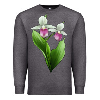 Charcoal Heather Pink And White Lady's Slipper Flower Illustrations Premium Sweatshirt - LillyAllenDesigns