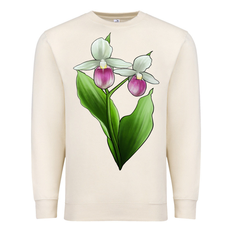 Pink And White Lady's Slipper Flower Illustrations Premium Sweatshirt by LillyAllenDesigns | Teevron