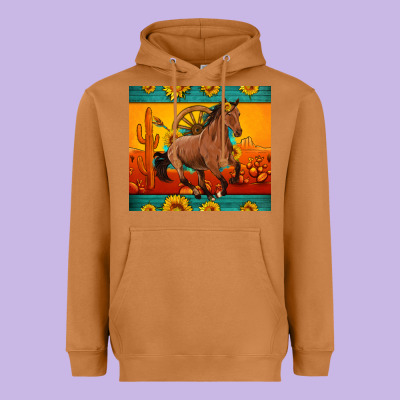 Western Sunset Galloping Horse Sunflower Heavyweight Hoodie Designed By Artiststas