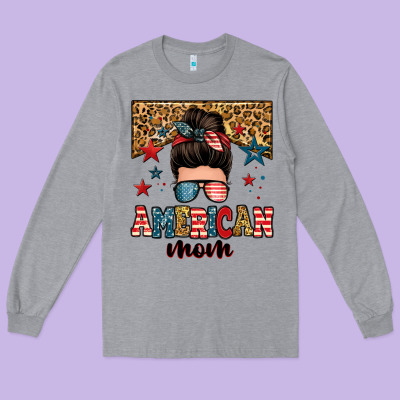 American Mom Junkie Messy Bun Long Sleeve Tee Designed By Zillion Design Studio