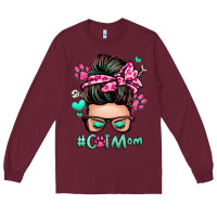 Burgundy cat mom messy bun Long Sleeve Tee - Zillion Design Studio