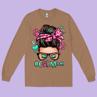 Cat Mom Messy Bun Long Sleeve Tee Designed By Zillion Design Studio