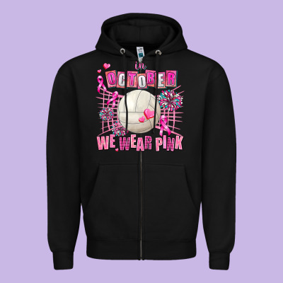 In October We Wear Pink Volleyball Zipper Hoodie Designed By Adodesignshop
