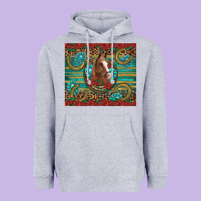 Western Horse Horseshoe Roses Gemstones Glitter Wooden Heavyweight Hoodie Designed By Artiststas