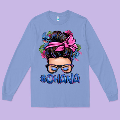 Ohana Stitch Messy Bun Long Sleeve Tee Designed By Zillion Design Studio