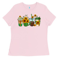 Bubblegum Pink sunflowers coffee cups Ladies Tee - AdoDesignShop