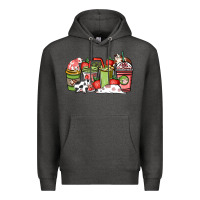 Charcoal Heather cow and strawberry coffee cups Premium Hoodie - NancyCooperArtShop