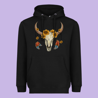 Bull Skull Sunflowers And Feathers Heavyweight Hoodie Designed By Adodesignshop