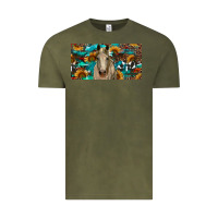 Vintage Olive Horse With Sunflowers Aztec And Cowhide Vintage Tee - RanaPortraitStore