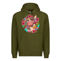 Army Green cute cow pink flowers and leopard pattern Premium Hoodie - NancyCooperArtShop